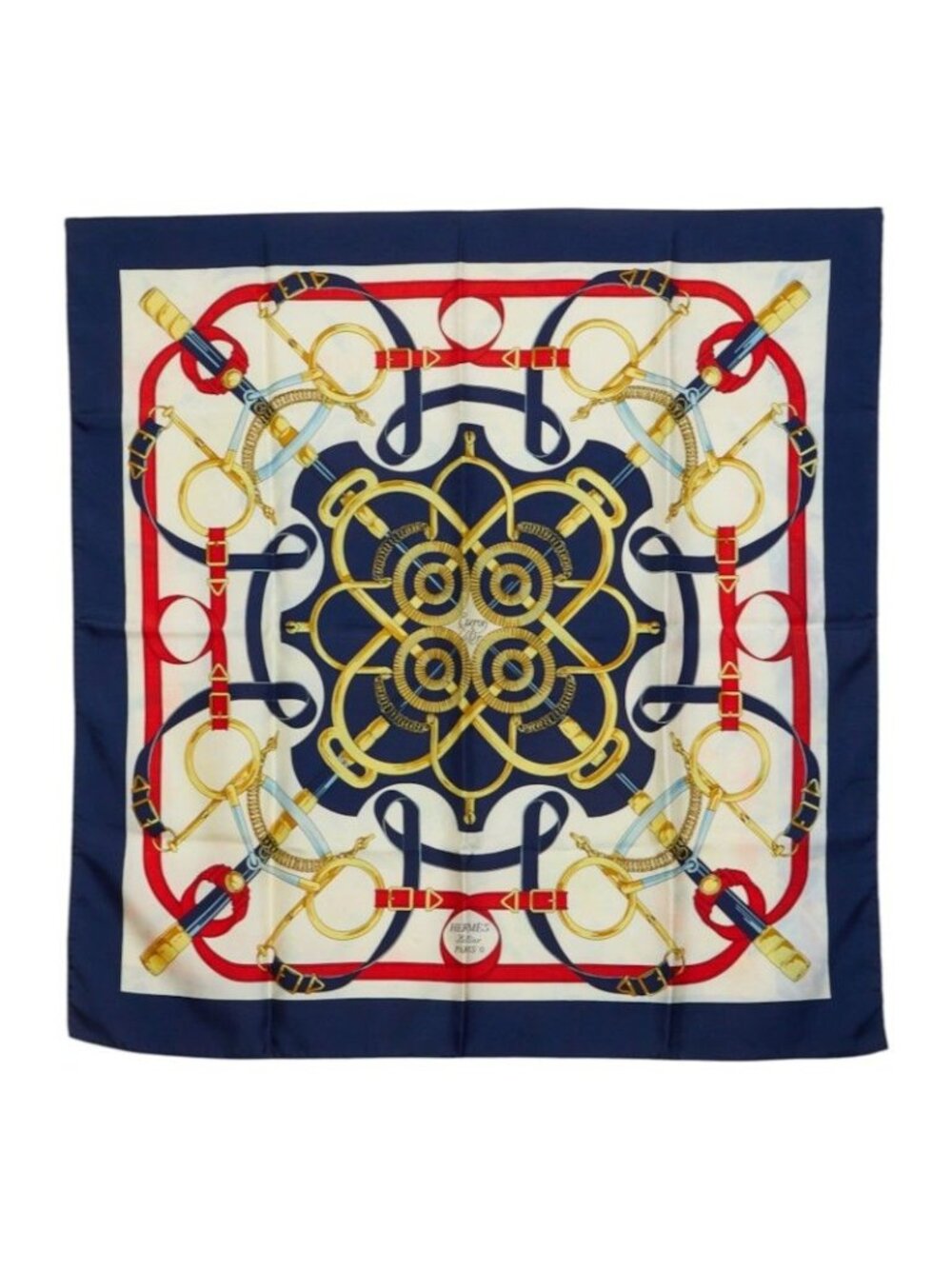 Hermes Carre 90 Apron D'or Yellow Gold Spurs Scarf Large Navy White